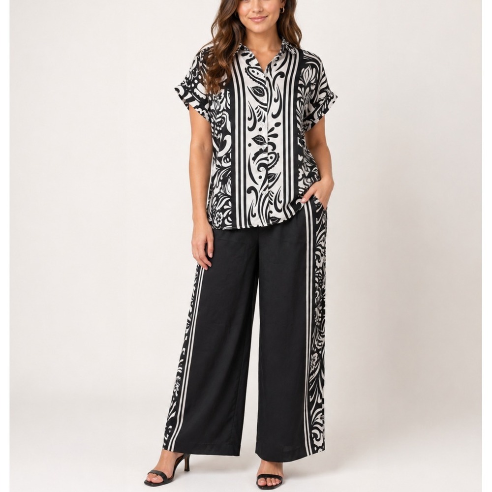 Philosophy Republic Clothing Shirt Pants Set Womens M Black Paisley Satin NEW